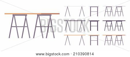 Table furniture set. Trestle compact design desk, simple workstation for modern office. Different colors and positions. Vector flat style cartoon illustration isolated on white background