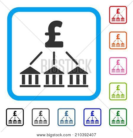 Pound Bank Association icon. Flat grey iconic symbol in a light blue rounded squared frame. Black, gray, green, blue, red, orange color variants of Pound Bank Association vector.