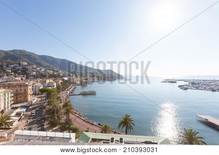Aerial view of Rapallo in Italy. Gulf and harbor with boats. Sunny day.