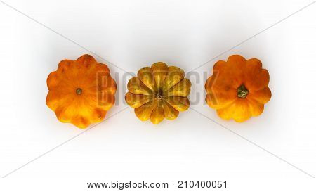 One big pumpkin and different bush pumpkins or marrow sqashes on white background. Autumn vegetables concept. Horizontal view