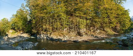 mountain river in the autumn forest, Autumn landscape, fallen leaves, water flow
