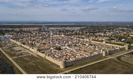 Aerial view of Aigues-Mortes in France, city surrounded by medieval walls