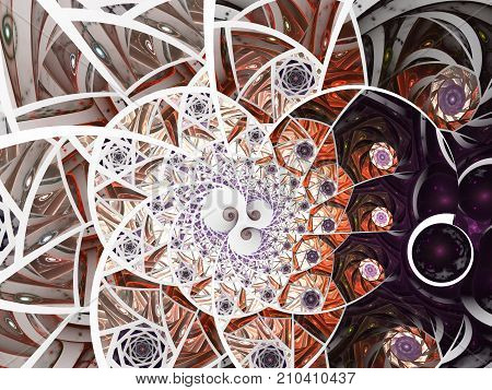 Spiral mosaic fractal pattern. Floral mosaic stain glass composition in purple and grey tone