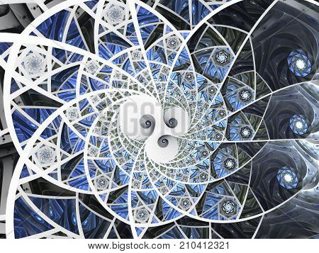 Spiral mosaic fractal pattern. Floral mosaic stain glass composition in blue