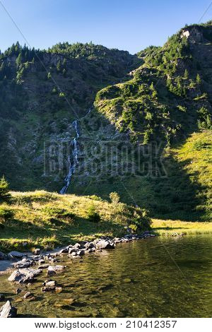 Alpine Mountain Lake Riesachsee Mit Riesachsfalle Near Schladming In Austria