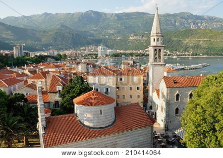 Top view on the old town of Budva on June in Budva, Montenegro