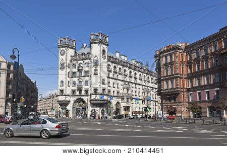 St. Petersburg, Russia - June 17, 2017: Area of Leo Tolstoy and the building of the Andrei Mironov Theater in St. Petersburg