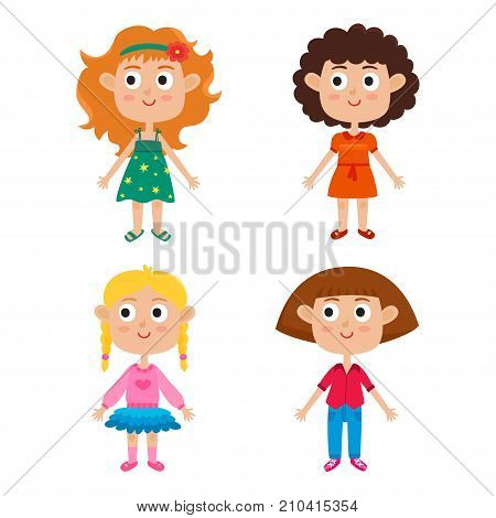 Young european girls body template - front. Cute cartoon girls isolated on white background. Vector illustration of trendy girls - red-haired, blonde, curly and brown-haired. Characters set of stylish kids. Cute fashion clothes for girls.