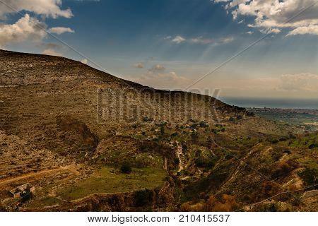 Arial view on the Sicilian landscape near the city of Avola Italy