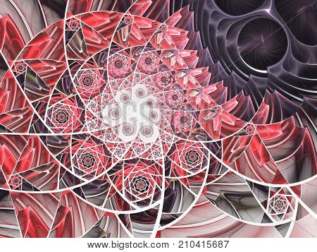 Spiral mosaic fractal pattern. Floral mosaic stain glass composition in red and grey tone