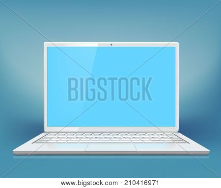 White laptop on a blue background. Digital device with copy space on screen. Stock vector illustration.