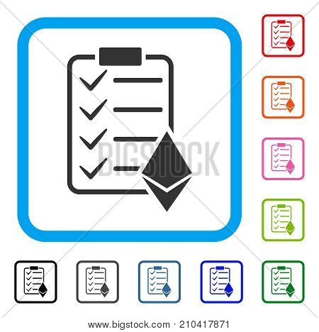 Ethereum Smart Contract icon. Flat grey pictogram symbol in a light blue rounded rectangular frame. Black, gray, green, blue, red, orange color additional versions of Ethereum Smart Contract vector.