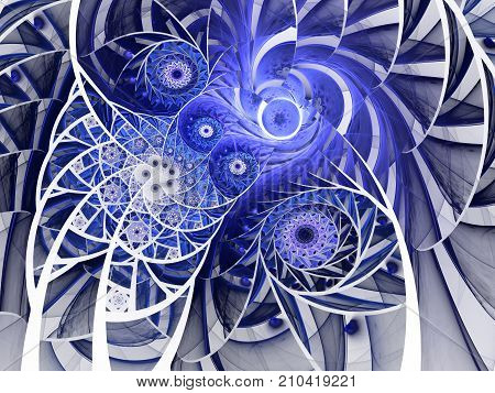 Spiral mosaic fractal pattern. Floral mosaic stain glass composition in blue tone