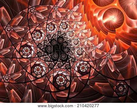 Spiral mosaic fractal pattern. Floral mosaic stain glass composition in red