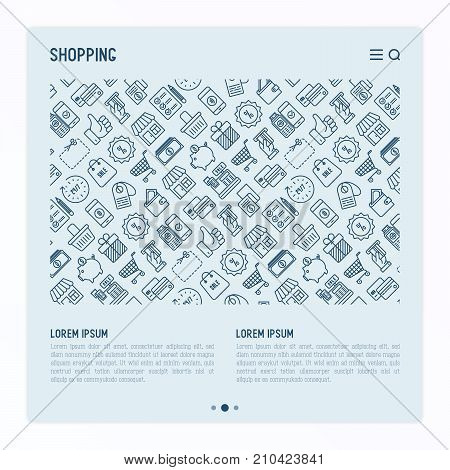 Shopping concept with thin line icons: cashbox, payment, pos terminal, piggy bank, sale, currency, credit card, trolley. Template for web page of online shop. Vector illustration with place for text.