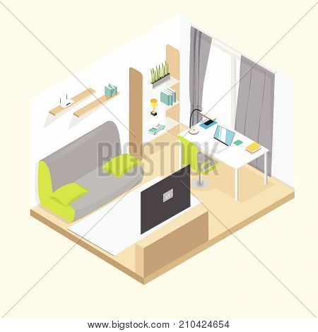 Isometric home office interior. Comfortable workplace with laptop. -stock vector