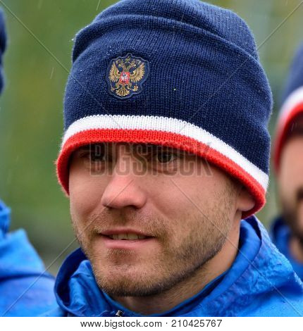 Moscow Russia - October 5 2017. Russian international football goalkeeper Igor Akinfeev in training session before test match against South Korea in Moscow.