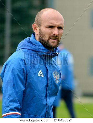 Moscow Russia - October 5 2017. Russian international football midfielder Konstantin Rausch in training session before test match against South Korea in Moscow.