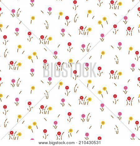 Small flowers line floral romantic pattern seamless vector. Simple pink red colored flowers with brown stalks for print on fabric.