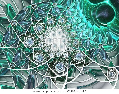 Spiral mosaic fractal pattern. Floral mosaic stain glass composition in green tone