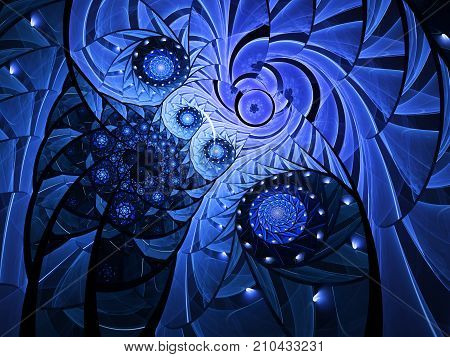 Spiral mosaic fractal pattern. Floral mosaic stain glass composition in blue