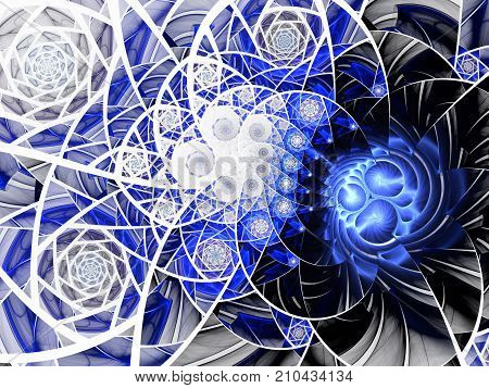 Spiral mosaic fractal pattern. Floral mosaic stain glass composition in blue tone