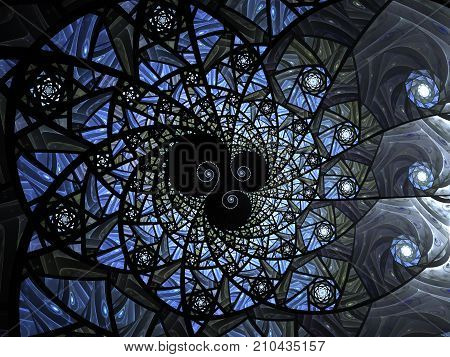 Spiral mosaic fractal pattern. Floral mosaic stain glass composition in blue