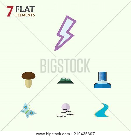 Flat Icon Nature Set Of Peak, Tributary, Lightning And Other Vector Objects