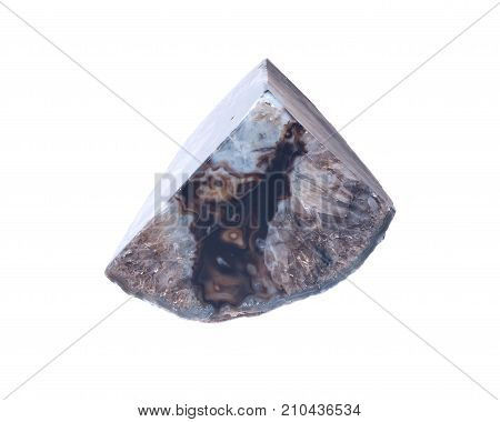 Polished black agate geode bookend isolated on white background