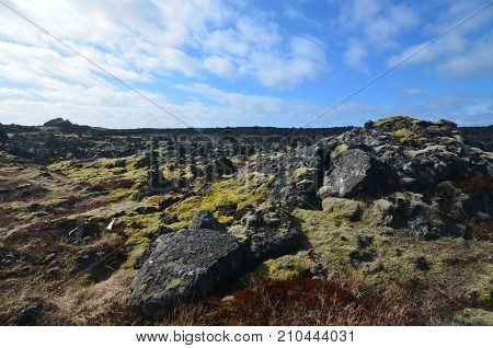 A lava field on the Snaefellsnes Peninsula in Iceland with volcanic rocks