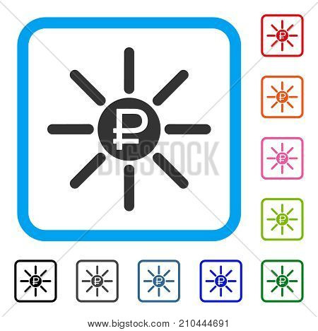 Rouble Source icon. Flat grey iconic symbol inside a light blue rounded squared frame. Black, gray, green, blue, red, orange color variants of Rouble Source vector.