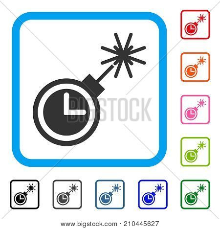 Time Bomb icon. Flat gray pictogram symbol in a light blue rounded rectangular frame. Black, gray, green, blue, red, orange color versions of Time Bomb vector. Designed for web and app UI.