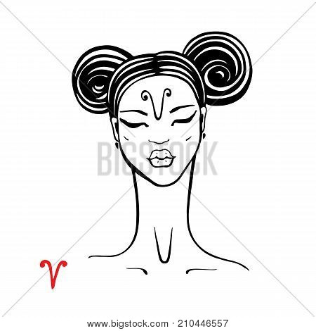 Aries. Zodiac signs collection. Beautiful Ink fashion zodiac girl. Horoscope series. Vector illustration