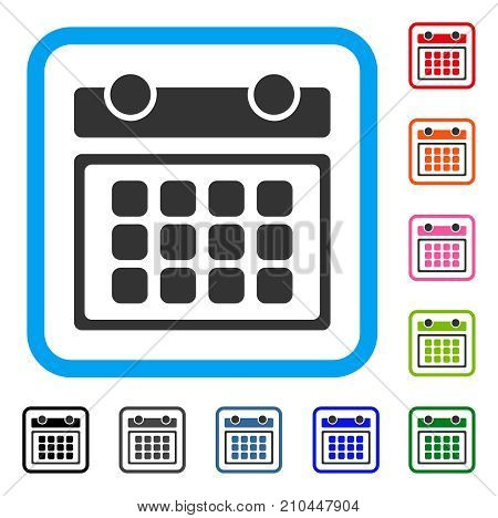 Calendar Month icon. Flat grey iconic symbol inside a light blue rounded frame. Black, gray, green, blue, red, orange color additional versions of Calendar Month vector.
