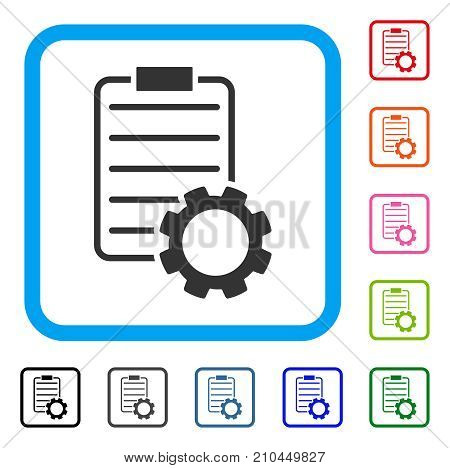 Smart Contract Gear icon. Flat grey pictogram symbol in a light blue rounded rectangular frame. Black, gray, green, blue, red, orange color variants of Smart Contract Gear vector.
