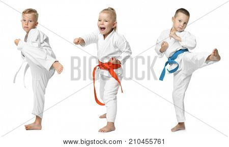 Collage with little children practising karate on white background