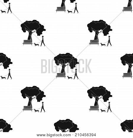 Tree and bench, woman walks a pet in the park. Pet, Dog care single icon in black style vector symbol stock illustration .