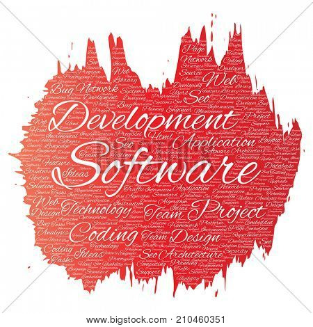 Conceptual software development project coding technology paint brush word cloud isolated background. Collage of application web design, seo ideas, implementation, testing upgrade concept