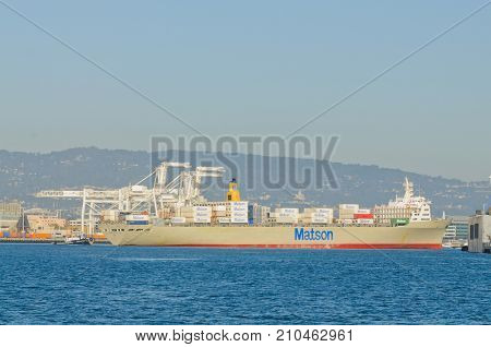 Alameda, CA - March 9, 2015: Oakland Container Shipyard, San Francisco Bay the Matson container ship 