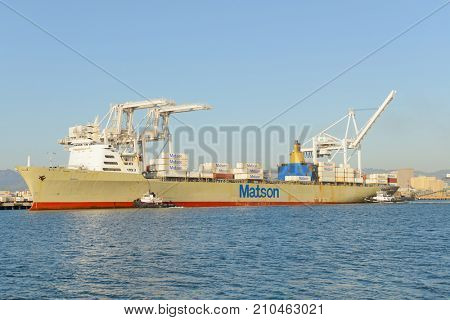 Alameda, CA - March 9, 2015: Oakland Oakland Container Shipyard, San Francisco Bay, the MATSON ship 