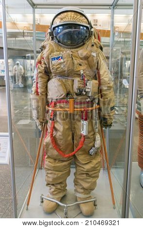 Kaluga, Russia, September 17, 2017: Russian astronaut spacesuit in Kaluga space museum.