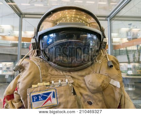 Kaluga, Russia, September 17, 2017: Russian astronaut spacesuit in Kaluga space museum.