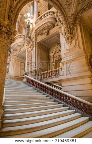 Paris, France, March 31 2017: Interior view of the Opera National de Paris Garnier, France. It was built from 1861 to 1875 for the Paris Opera house.
