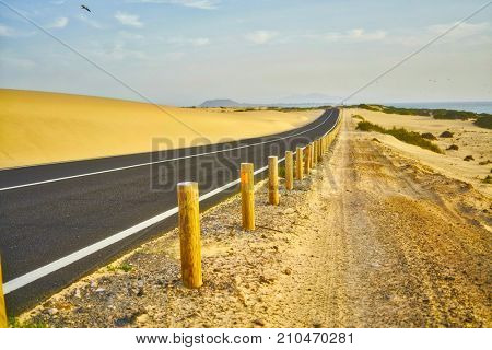 Fuertaventura road. Typical landscape of Fuerteventura island