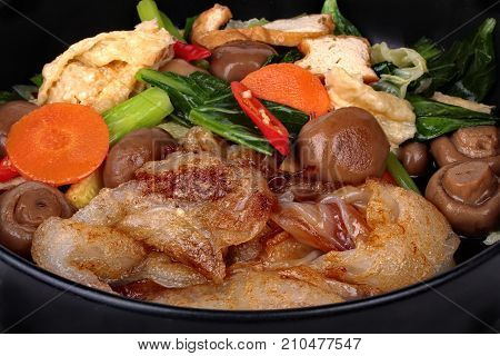Fried Big Noodle Topped Mixed Vegetables For Organic Food.