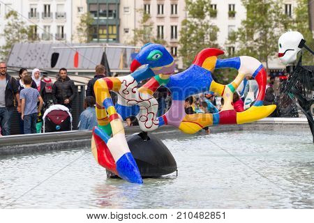 Paris - September 02: View Of The Stravinsky Fountain Whimsical Public Fountain Ornamented With Sixt