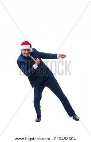 Young busnessman wearing santa hat in christmas concept on white