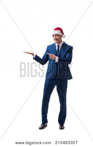 Young busnessman wearing santa hat in christmas concept on white