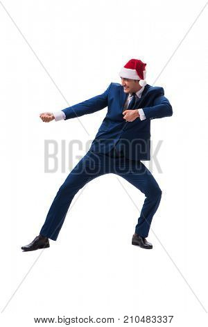 Young busnessman wearing santa hat in christmas concept on white