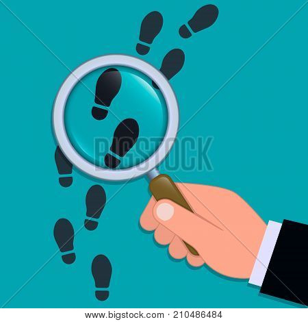 Following footsteps vector color illustration. Hand holding magnifying glass above footprint flat illustration. Detective inspecting.